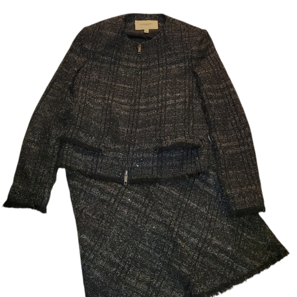 Burberry Mohair Wool Sequin Black Grey Plaid Suit 2 piece set